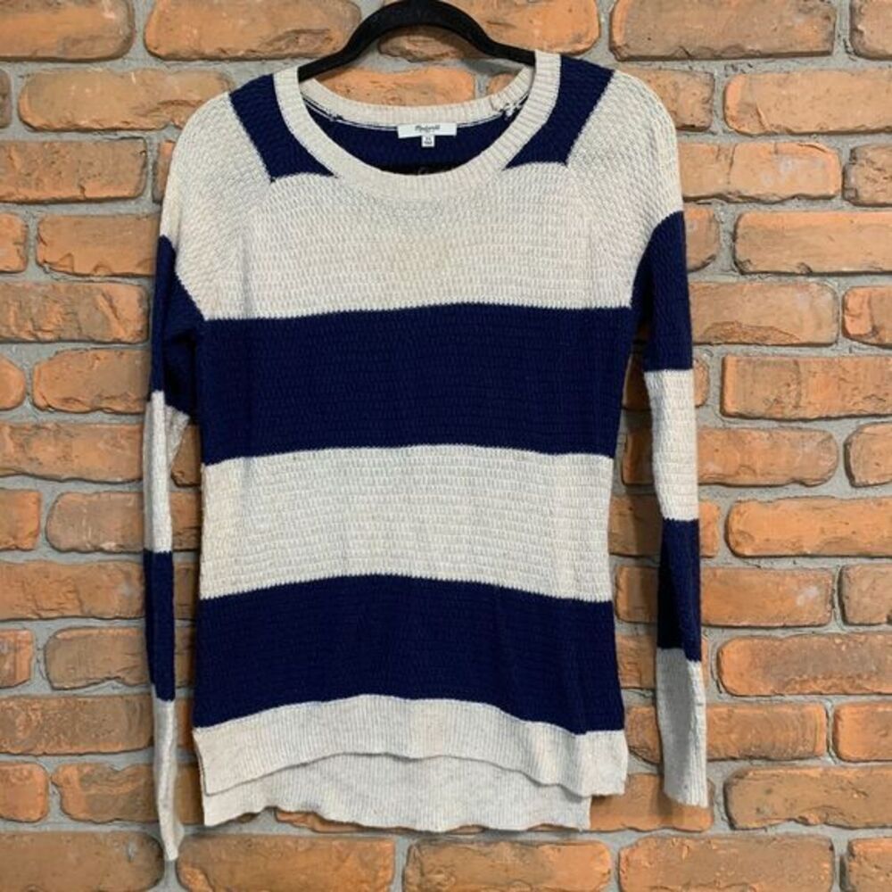 Madewell Striped Sweater Womens XS Cream Navy Knit Pullover Long Sleeve Crew